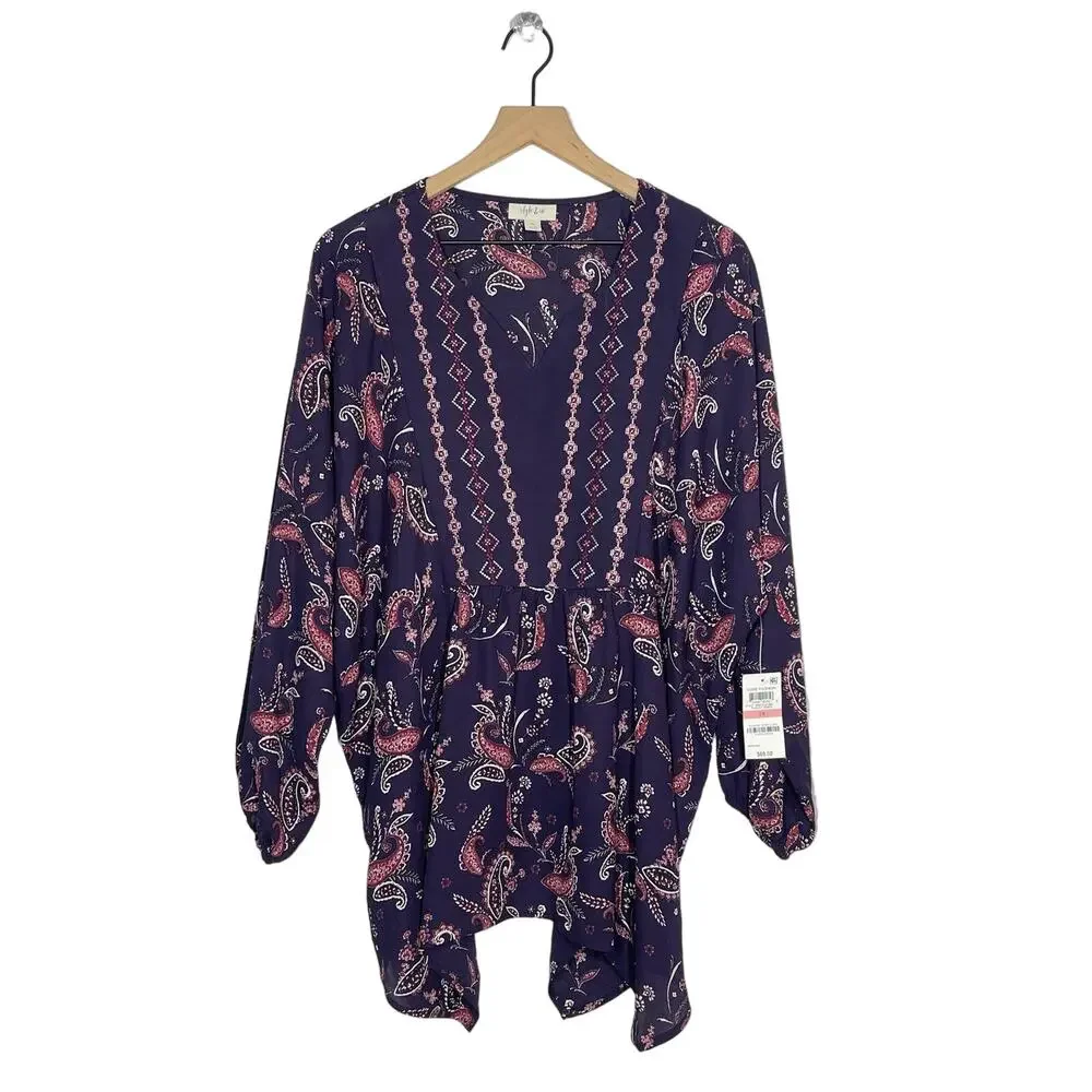 Style & Co Blouse NWT Women's Plus Size 2X Purple Grape Paisley V-Neck Core Boho - Picture 2 of 11